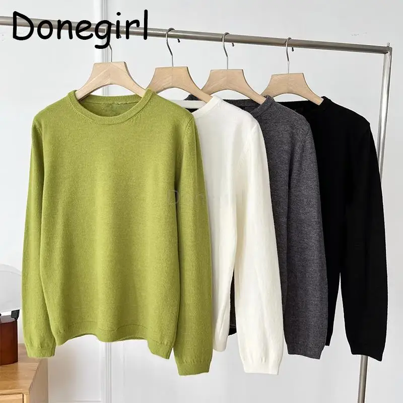 Donegirl 2023 Autumn New Women Long Sleeve Round Neck Thin Solid Knitted Sweater Pullover Versatile Simple Casual Jumper Female