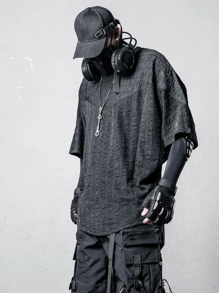 Dark Texture Asymmetrical Splicing Batwing Sleeve Men's T-shirt Summer High-End Loose Fit Breathable round Neck Top