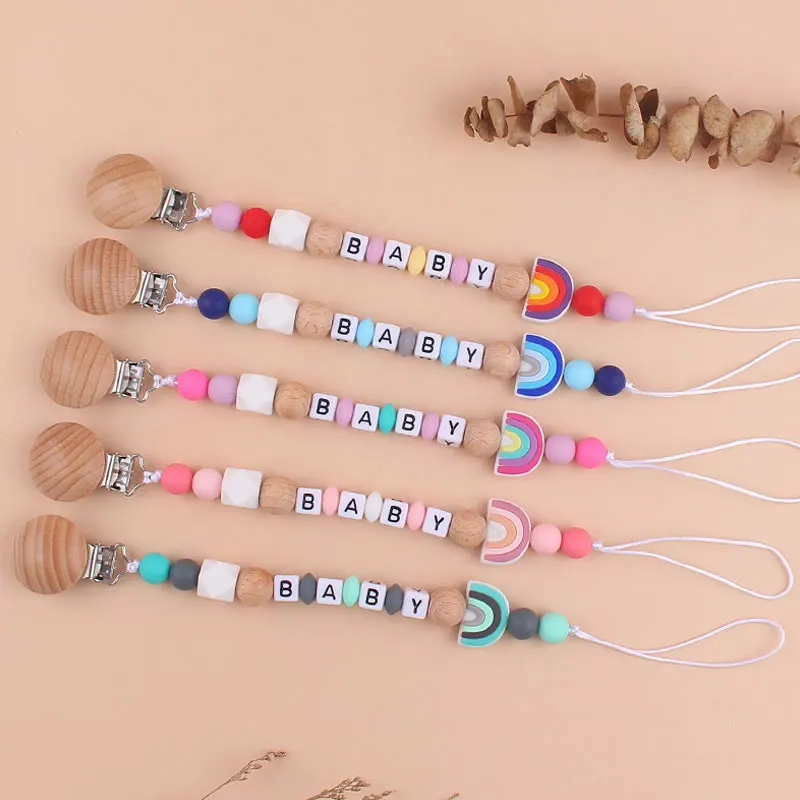Productos para bebés, cadena de chupete de arcoíris de silicona de dibujos animados, Clip de haya, cadena creativa, cadena anticaída para productos para bebés