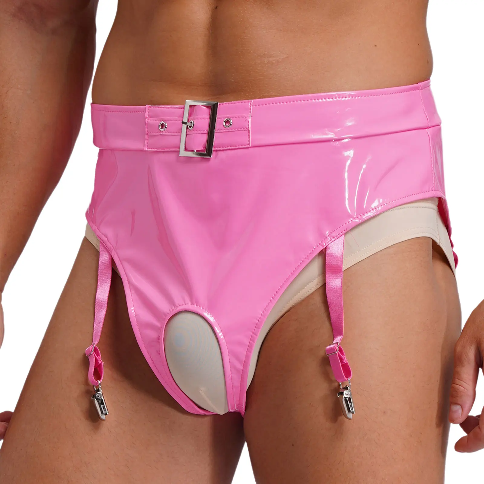 رجل الملابس الداخلية اللاتكس Crotchless الملابس الداخلية براءات الاختراع والجلود ملخصات مع مقاطع الرباط عالية الخصر مفتوحة المنشعب سراويل رفيعة كلوبوير