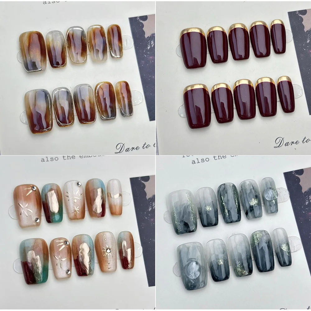10 stks/zak Amber Gedompeld Effect Goud Franse Wijn Rood Goud Chroom Handgemaakte Druk Op Nagels Medium Vierkant Afneembare Kunstnagels