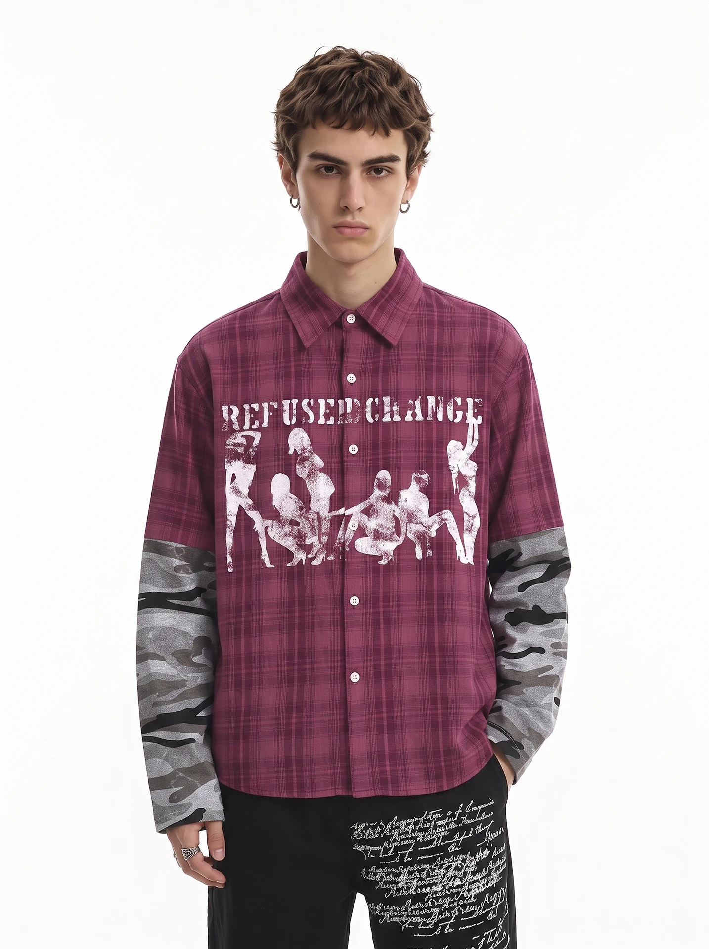 American Retro Print Camouflage Plaid Long Sleeve Men's Loose Fake Two-Piece Shirt Street Style Trendy Casual Fashion