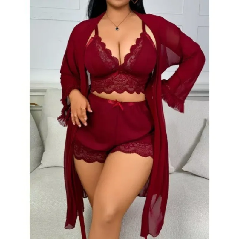 Wine Red Sheer Mesh Robe Ruffled Cuff Belted Kimono Cover Up Nightwear Evening Lounge Apparel Exotic Lingerie Set
