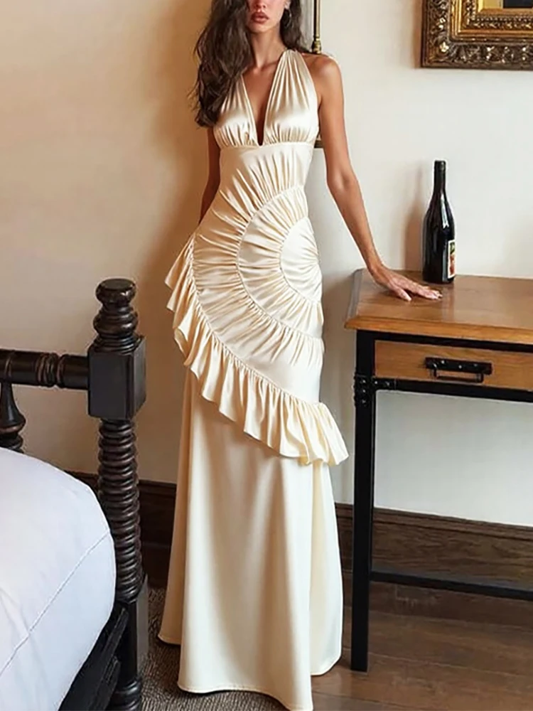 

Весенне-летнее новое повседневное женское однотонное платье с подвесным воротником и v-образным вырезом с открытой спиной, облегающая плиссированная юбка, темпераментное платье