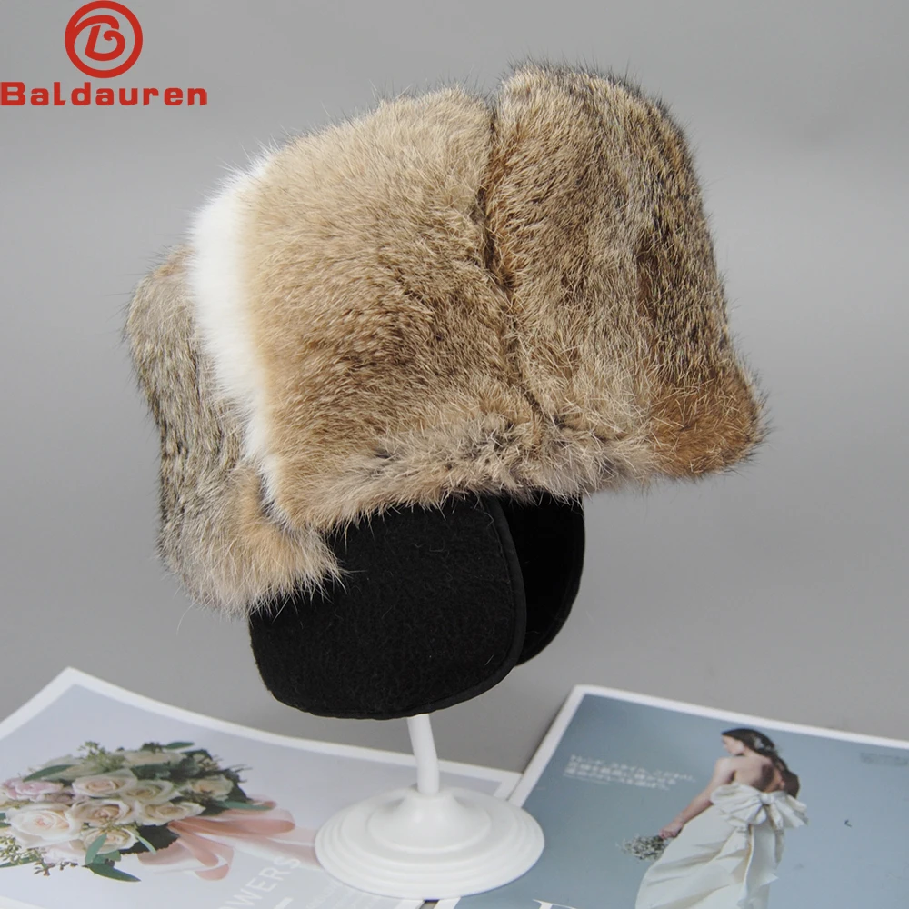 Gorro de piel de conejo para hombre, gorro de bombardero de piel auténtica de 100% para invierno, orejeras cálidas a prueba de viento, gorro plano para exteriores, gorro ruso cálido, casqueta ajustada