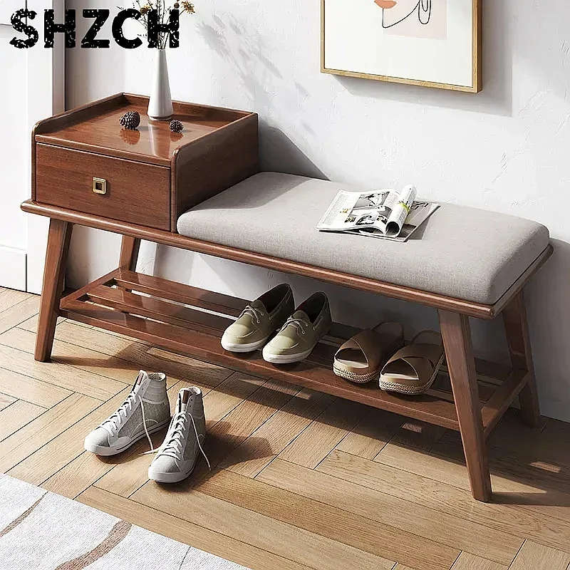 Solid Wood Drawer Shoe Cabinet Storage Bench with Walnut Foot Stool Door Frame Integration