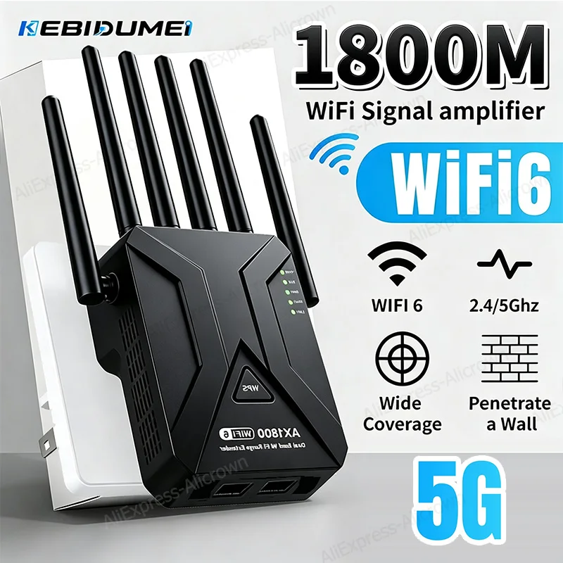 KEBIDUMEI Wzmacniacz Sygnału WiFi 1800Mbps z 6 Antenami, Repeater 5GHz 2.4GHz, Sieć Dalekiego Zasięgu 1200Mbps WLAN do Biura i Domu
