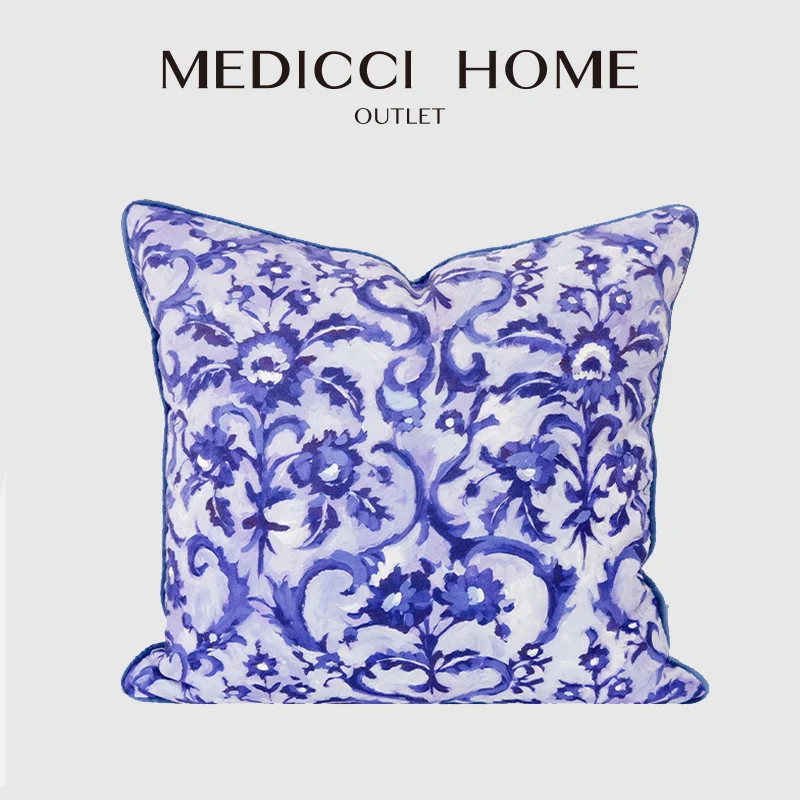 

Medicci Home Victorian Damask Decorative Cushion Cover Sicilian Blue Luxury Throw Pillow Case 50x50cm Mediterranean Home Decor