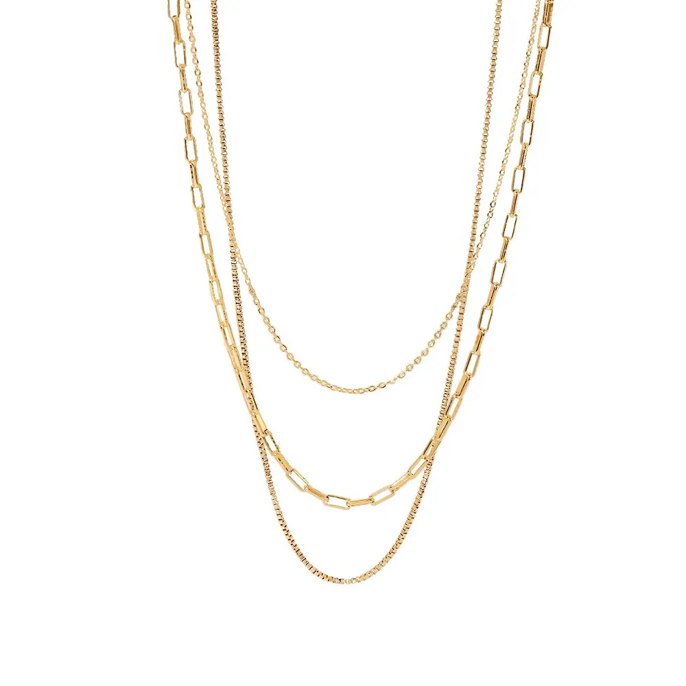 Vintage 18K Gold Plated Paperclip Box Chain Layered Stainless Steel Triple Layer Necklace Waterproof Party Gift NEW