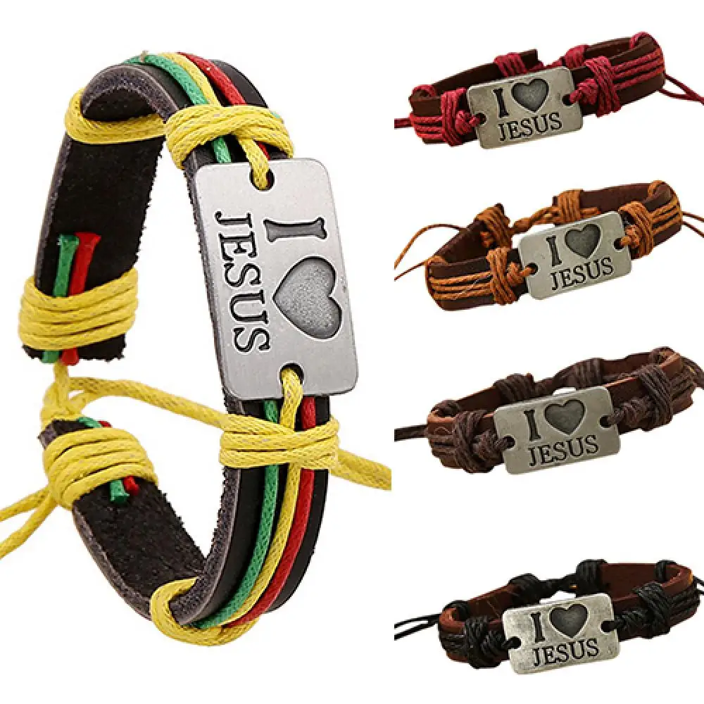 Unisex Women Bracelet I LOVE JESUS Faux Leather Bangle Hemp Rope Chain Cross Adjustable Bracelet