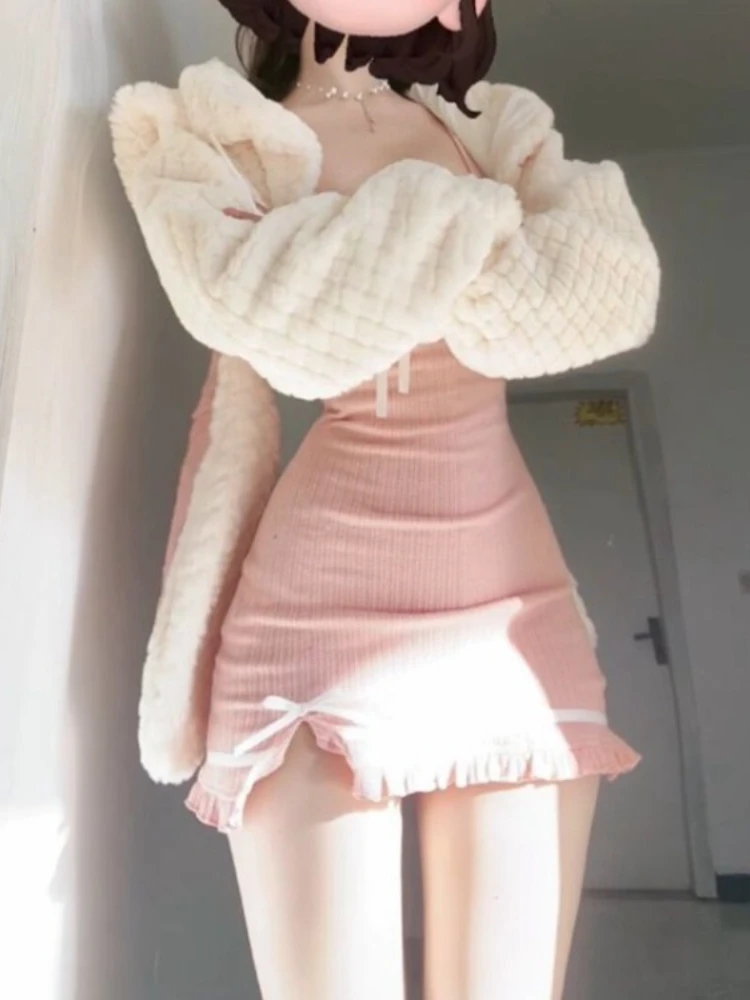 

Весенне-осеннее новое пальто-кардиган с рукавами для женщин + сексуальное облегающее облегающее платье-бретелька с разрезом Y2k E-girl, комплекты из двух предметов