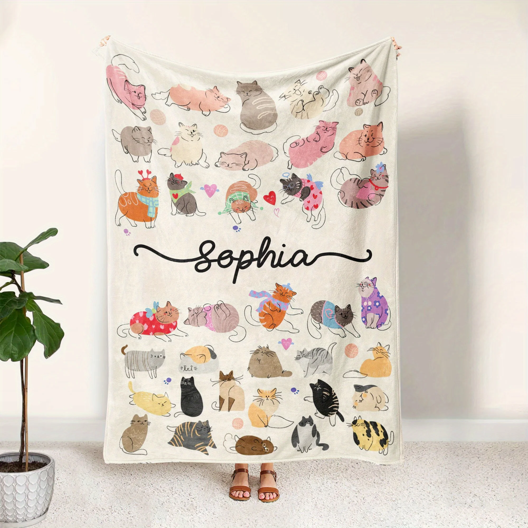 1pc Custom Name Blanket with Cartoon Cats Soft Warm Flannel Perfect for Sofa Bed Travel All-Season Gift for Friends Family