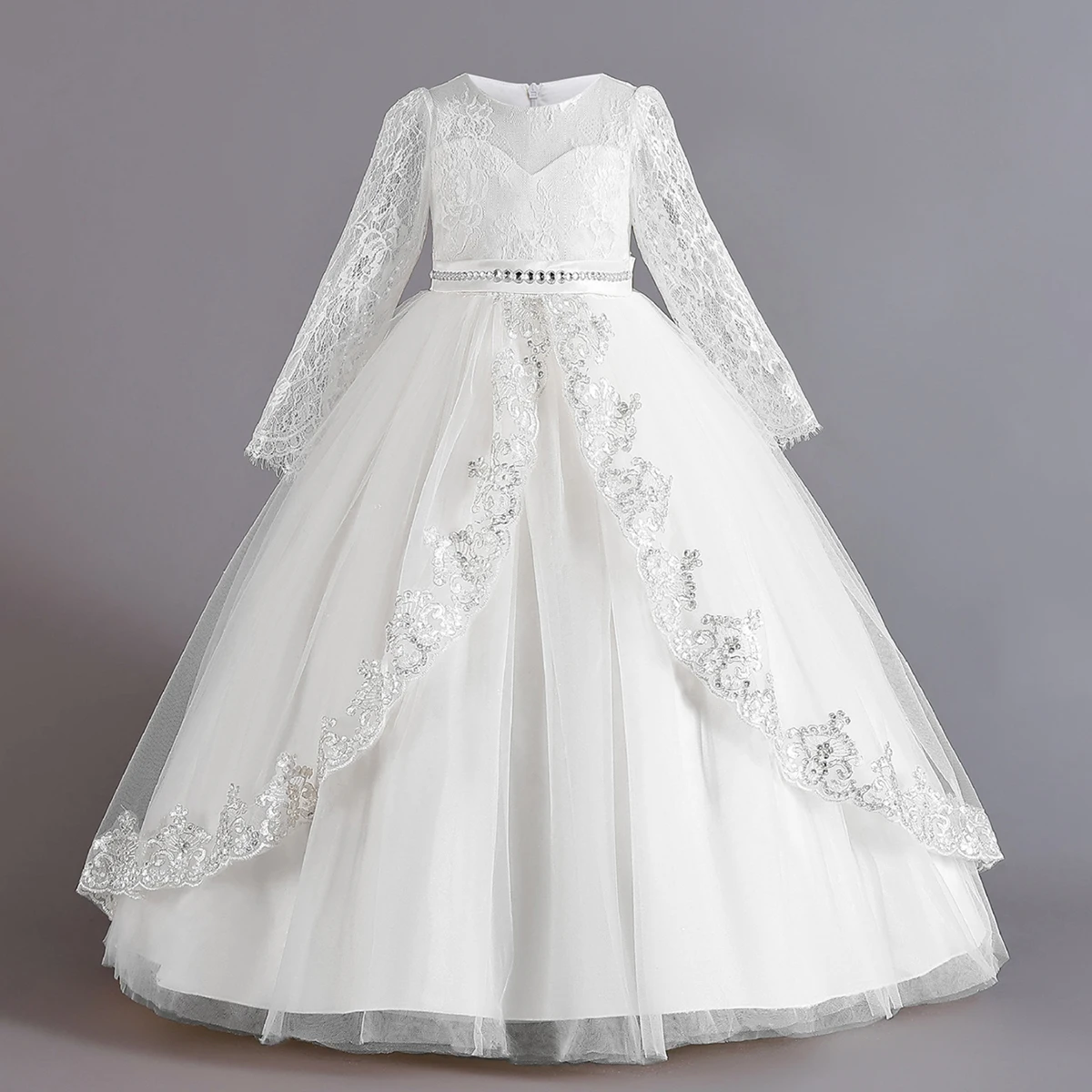 Long Sleeve Baptism Bridesmaids Party Girl Dresses Tulle Wedding Costumes Elegant Flower Princess Dress Girls Birthday Prom Gown