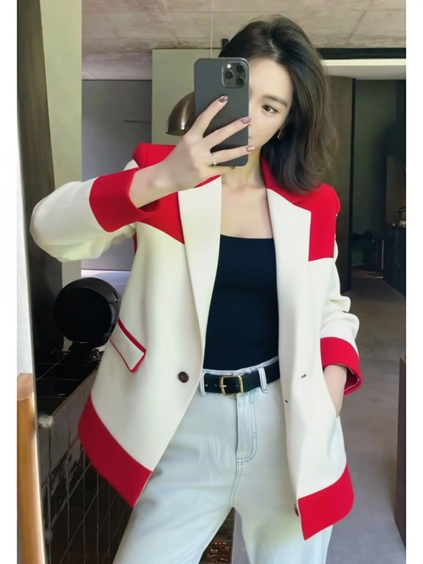 Temperament Slim Fit Blazers Suit Jackets Contrast Color Patch Double-breasted Notched Elegant Office Lady Autumn Spring Trendy