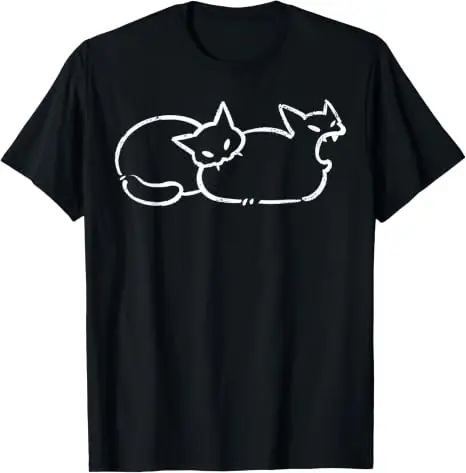Einfach chillen: Zweiköpfige Katze, gruseliges Line-Art-Grafik-T-Shirt, Halloween-Kostüm, Y2k-Zeichnung, Katzen-Grafik-Bekleidung, neuartiges T-Shirt-Oberteil – Detail 15