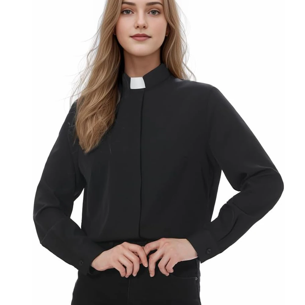 

Priest Clergy Shirt for Women Pastor Tab Collar Lady Button Front Clerical Long Sleeve Shirt