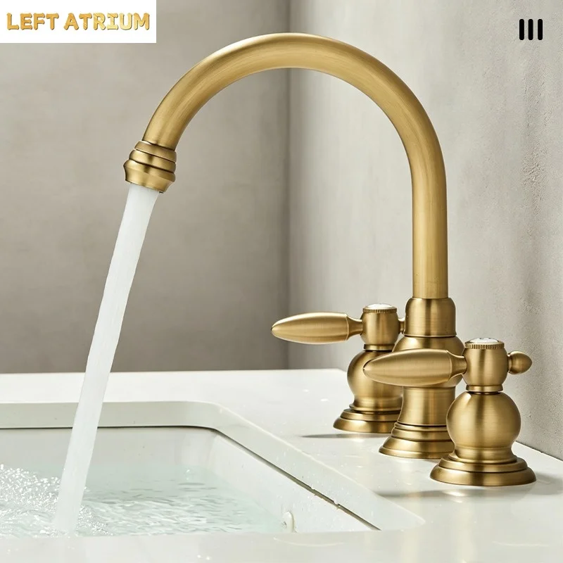 Vintage Brass Three-Hole Sink Faucet for Home Bathrooms—Separate Hot and Cold Water Faucet for Vanity Sinks