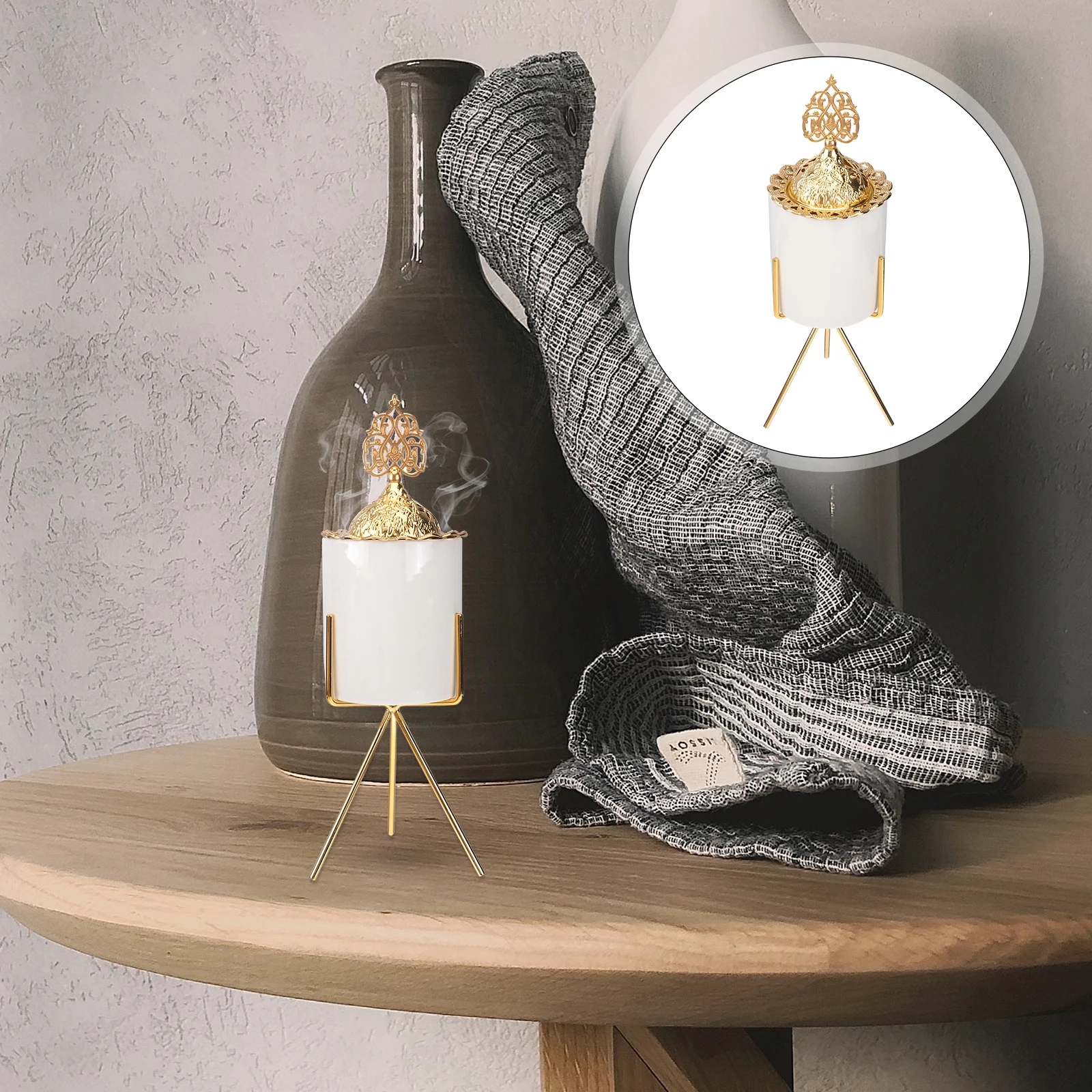 

1pc Golden Incense Burner Middle Eastern Arab Style Ceramic Iron Aromatherapy Holder For Sandalwood Cone Oil Desktop Decor