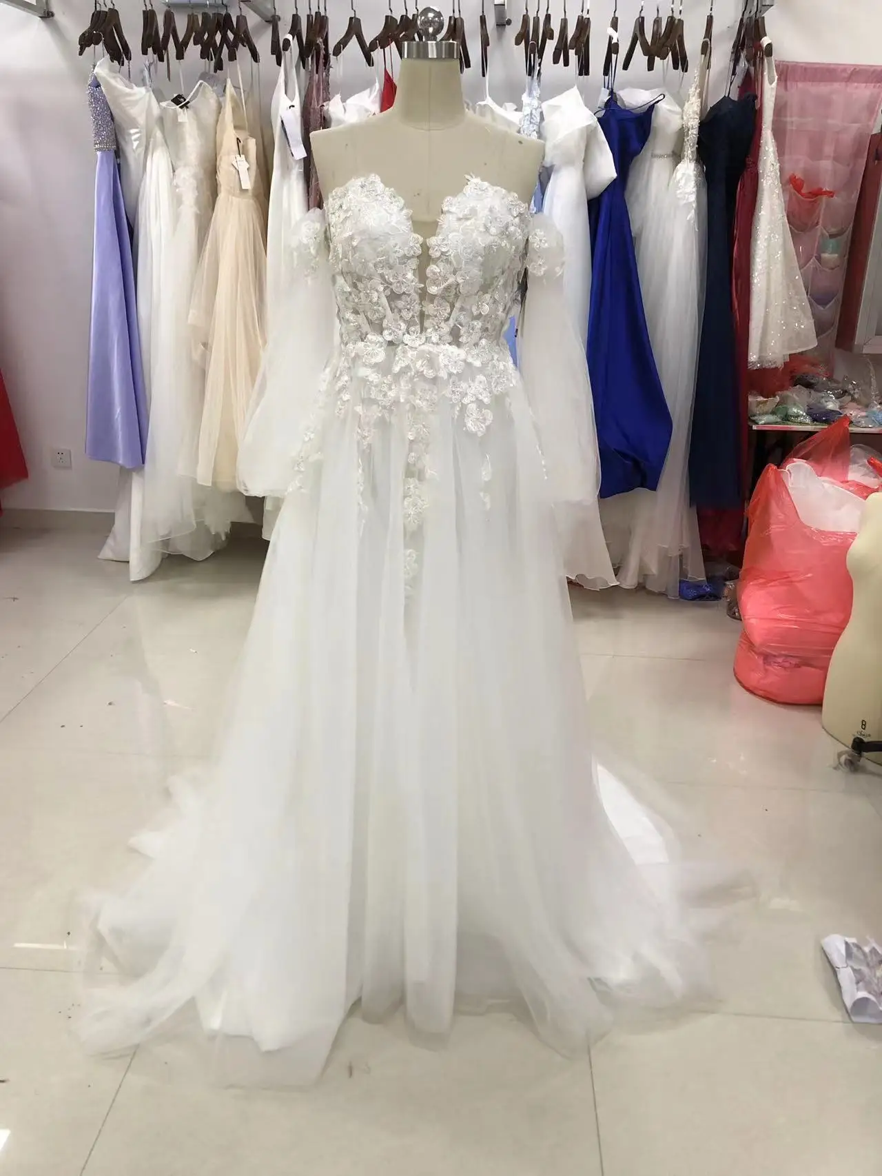 BEPEITHY Boho Hochzeit Kleid Weg Von Der Shuolder Vestidos De Novia Lange Ärmel Spitze Sexy Strand Brautkleid 2023 Robe De mariée