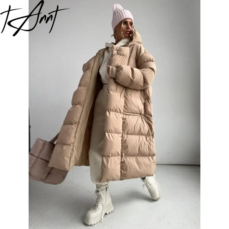 

TANNT Women Parka Solid Simple Hooded Zipper Quilted Winter Outwear Jacket All Match Thickened Loose Long Warm Overcoat 2024 New
