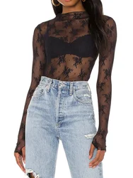 Sexy Lace Tops See Through Mesh Long Sleeve Crop Top Floral Sheer Fitted Tees Y2k Women Top Shirt Blouse