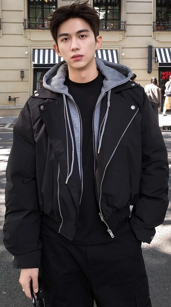 Men's 2025 Winter New Faux Two-Piece Hooded Thickened Warm Parkas Loose Tooling Jacket Coats Male Long Sleeve Handsome Parkas