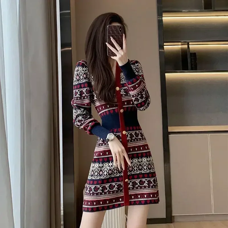 Vintage Autumn and Winter Women's Crochet Dresses New In Female Knit Dress Features Harajuku Elegant Party Kpop Curvy Loose Thic