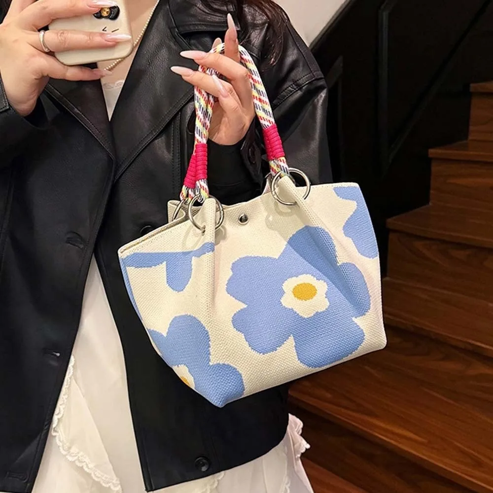 

Sweet Women Knitted Handbag Stripe Butterfly Printed Small Bag Japanese Style Korean Style Floral Commuting Pouch Daily