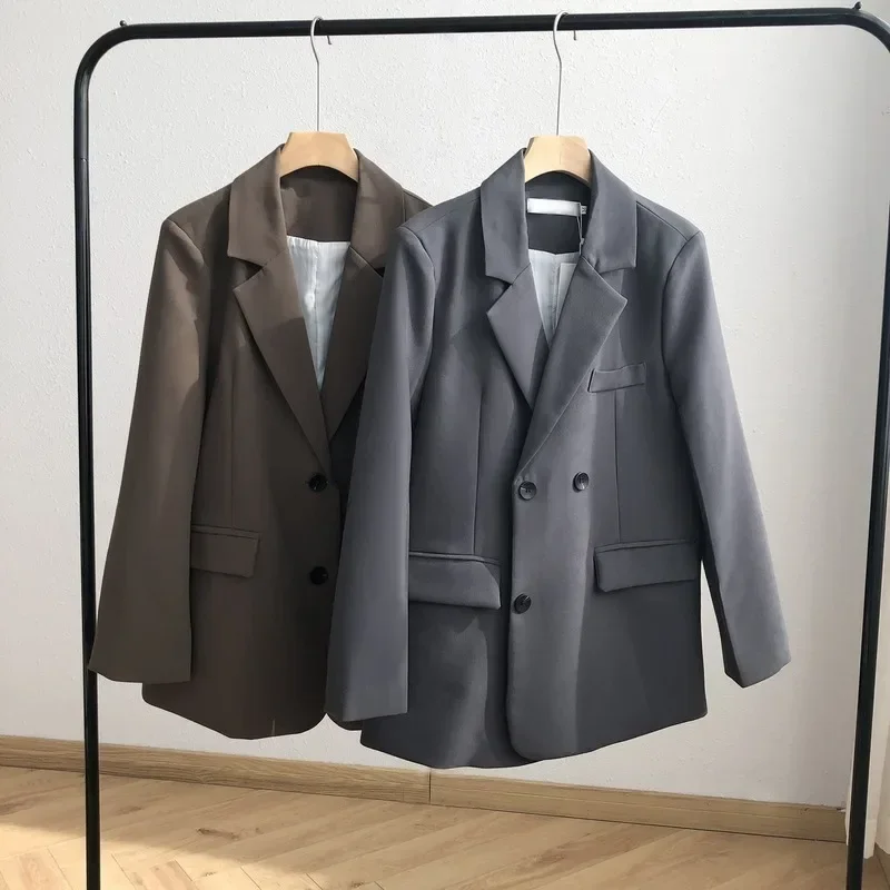Long Sleeve Korean Chic Brown Blazers Solid Colors Loose Suits Single Breasted Women Bf Casual Blazer Office Lady Work Clothing