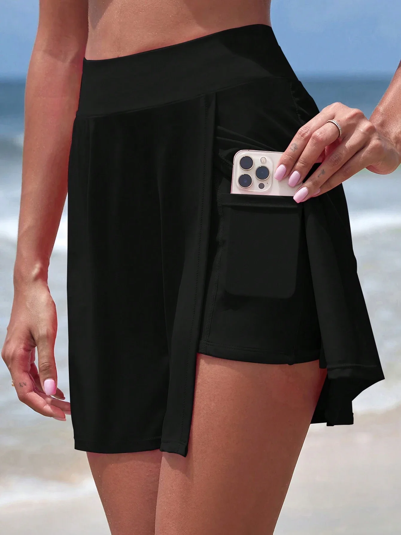 

Женские плавательные шорты с высокой талией и карманами, однотонные, пляжная одежда для плавания