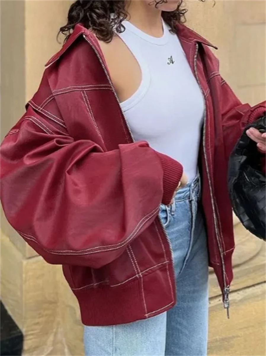 Women Vintage Solid Red Leather Spliced Cropped Zipper Coat Casual Fashion Lapel Long Sleeve Cool Jacket Female Autumn Outerwear