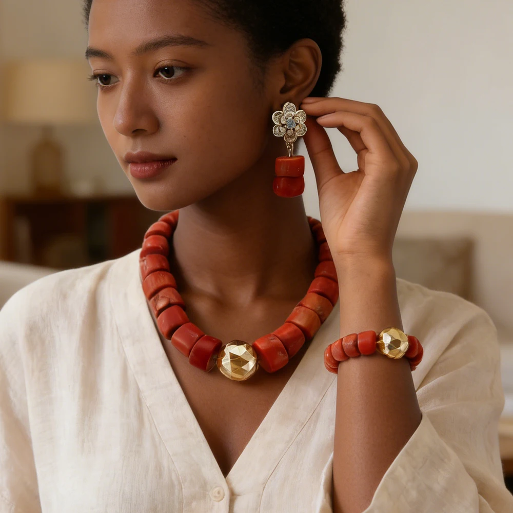 

Наборы украшений из натурального коралла: нигерийские бусы, ожерелье, серьги, браслет, африканский женский богемный чокер, свадебные подарки