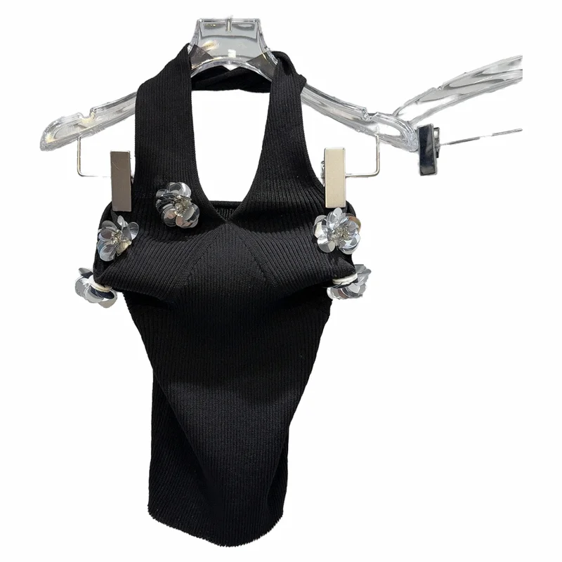 Female 2024 Summer Vests Hot Girl Graceful Vest Solid Color Sleeveless Sequins Flower V-neck Slimming Women’s Knitted Tank Tops