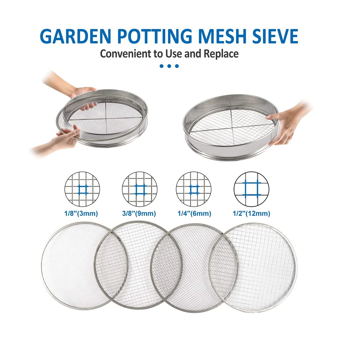 Garden Potting Mesh Sieve Sifting Pan - Stainless Steel Mix Soil Filter 4 Sieve Mesh Filter(1/8In,1/4In,3/8In,And 1/2In)