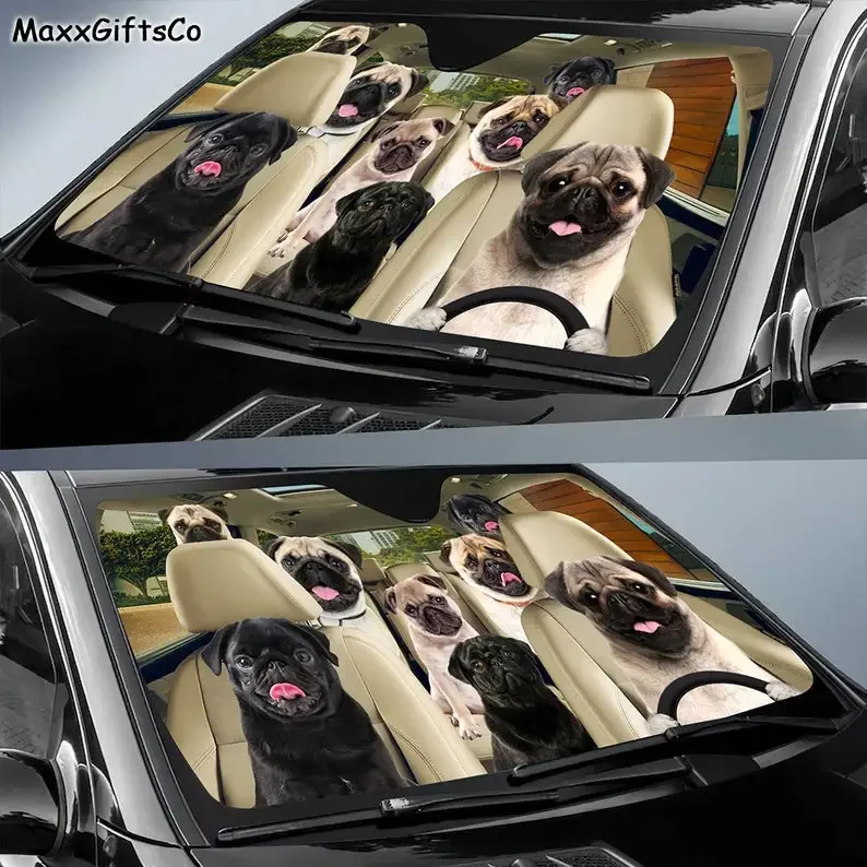 Pug Car Sun Shade, Pug Windshield, Dogs Family Sunshade, Pug Lovers Car Sun Shade, Gift Fo