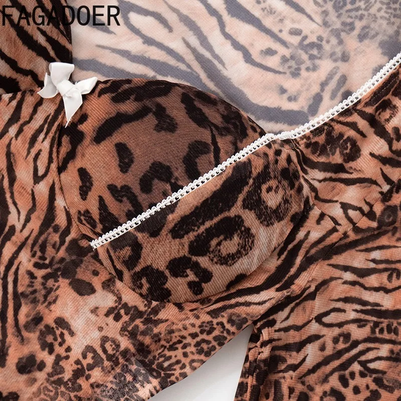 FAGADOER Sexy Leopard Print 2 Pieces Set for Woman Long Sleeve Ruched Patchwork Crop Top and Bodycon Skirts Female Streetwear