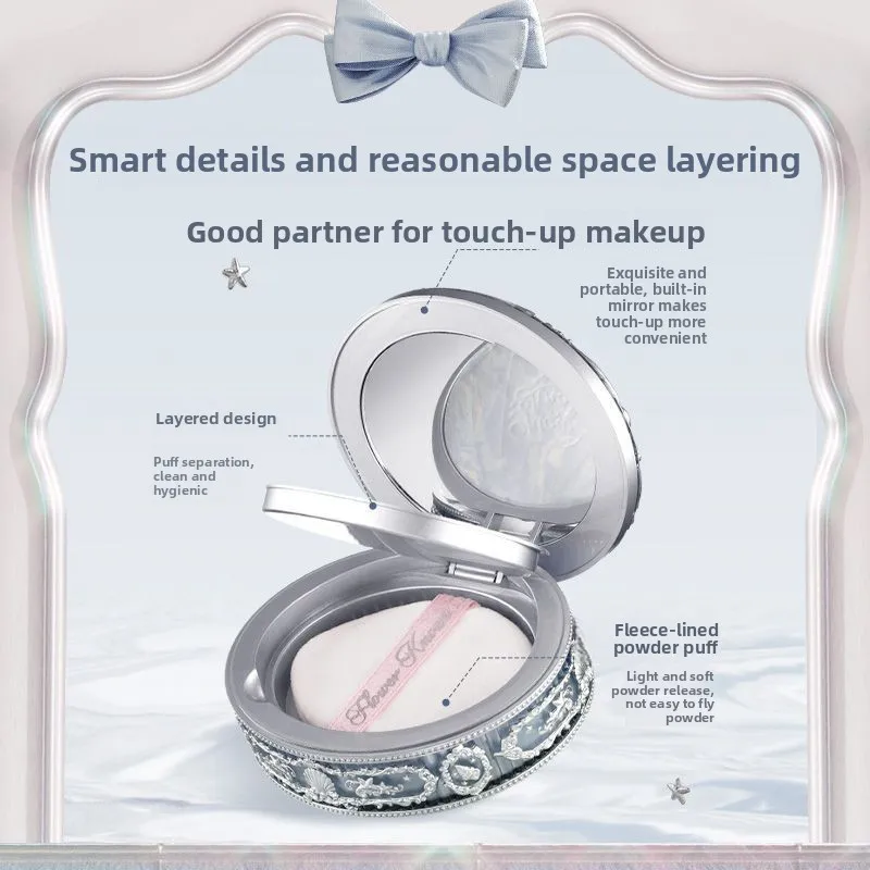 بودرة مضغوطة من فلاور نوز شل بيرل، لون مختلط، إعداد مكياج شفاف غير لامع، توهج طبيعي، رقيق وصديق للبشرة للنساء