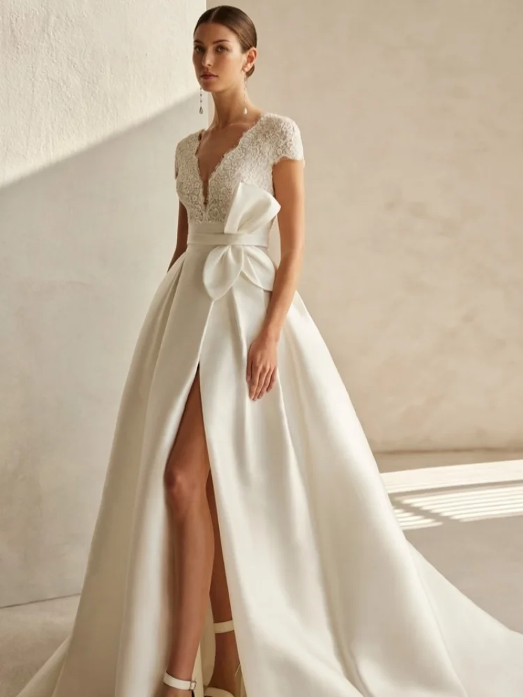 

Princess Style V-Neck Wedding Dress with Embroidered Floral Lace And Embellished Butterfly Waist Customizable Silk Satin