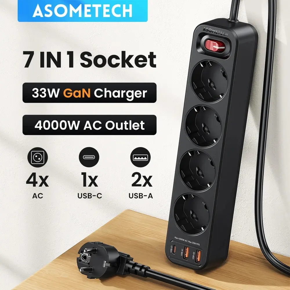 ASOMETECH 4000W Power Strip Multi Outlet 1.5M Extension Cord Network Filter With 3 USB PD 33W PPS Fast Charging Surge Protector