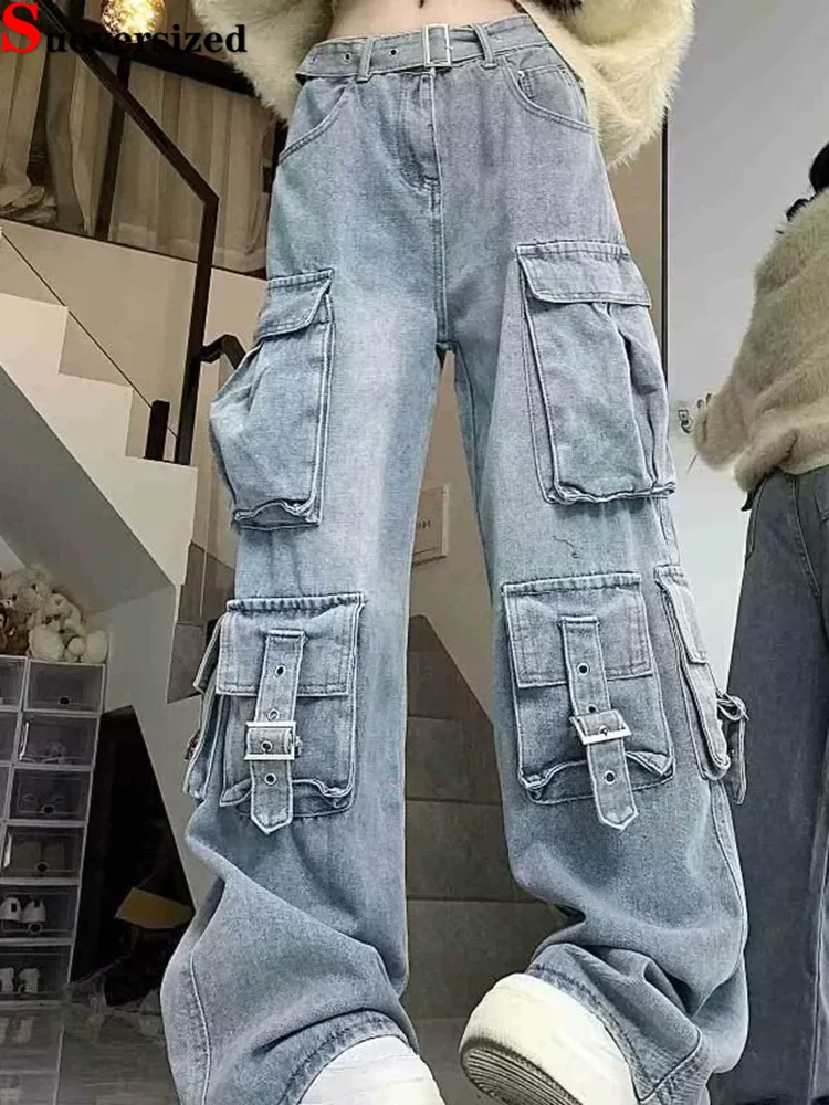 

Vintage Cargo Wide Leg Belt Jeans Multiple Pockets High Waist Fashion Loose Vaqueros Women's Casual Loose Retro Denim Pants
