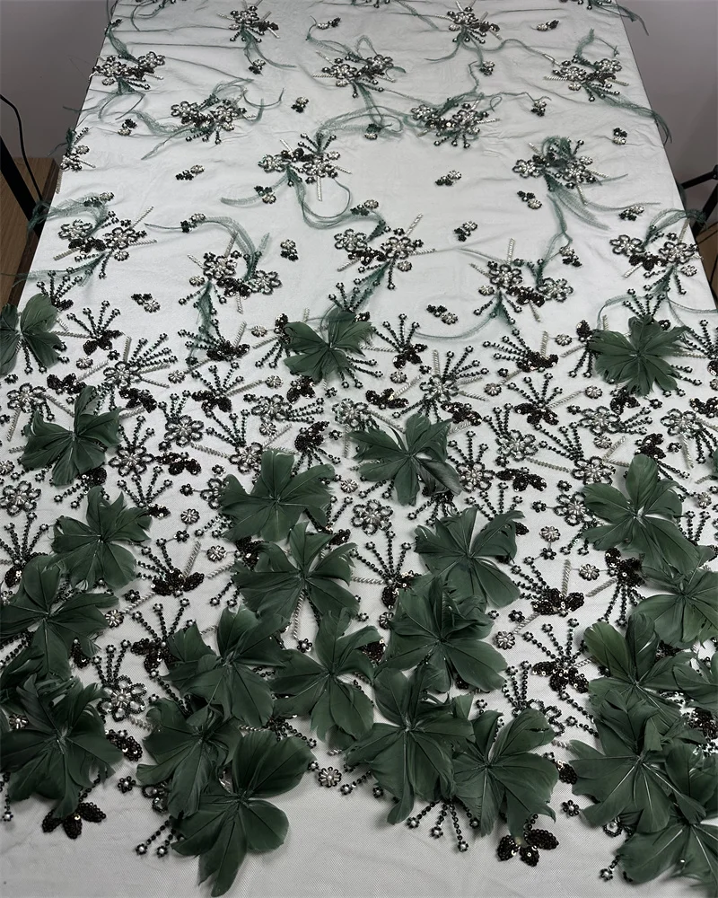 Hot Sale 3D Feather Handmade Embroidery Net Lace Beads Sequins Fabric For Women Party Evening Dress Africa Design,High Quality