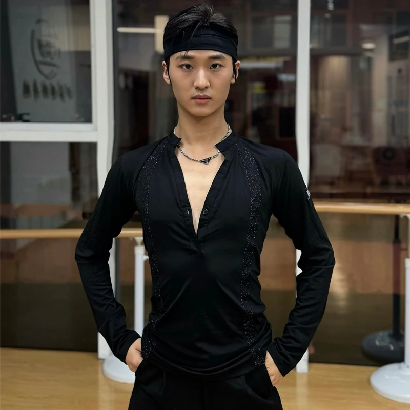 

Одежда для бальных танцев для взрослых, мужская черная одежда для латиноамериканских танцев с длинными рукавами, топ для современных танцев, мужские брюки для латиноамериканских танцев, одежда для латиноамериканских танцев SL15056