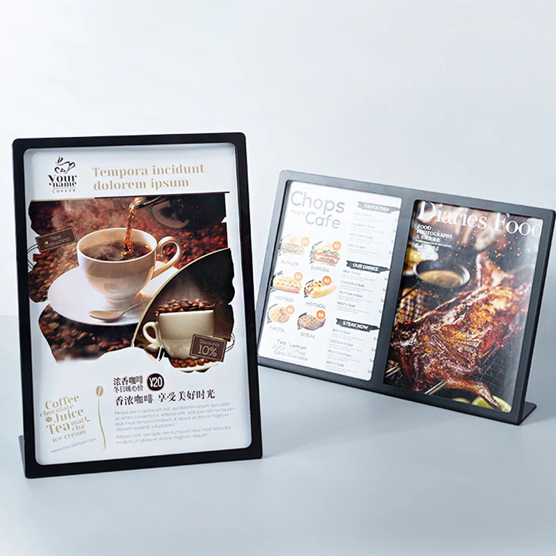 A3/A4 Black Menu Display Board High-grade Coffee Price List Show Board Sign Holder Stainless Steel Picture Display Table Card