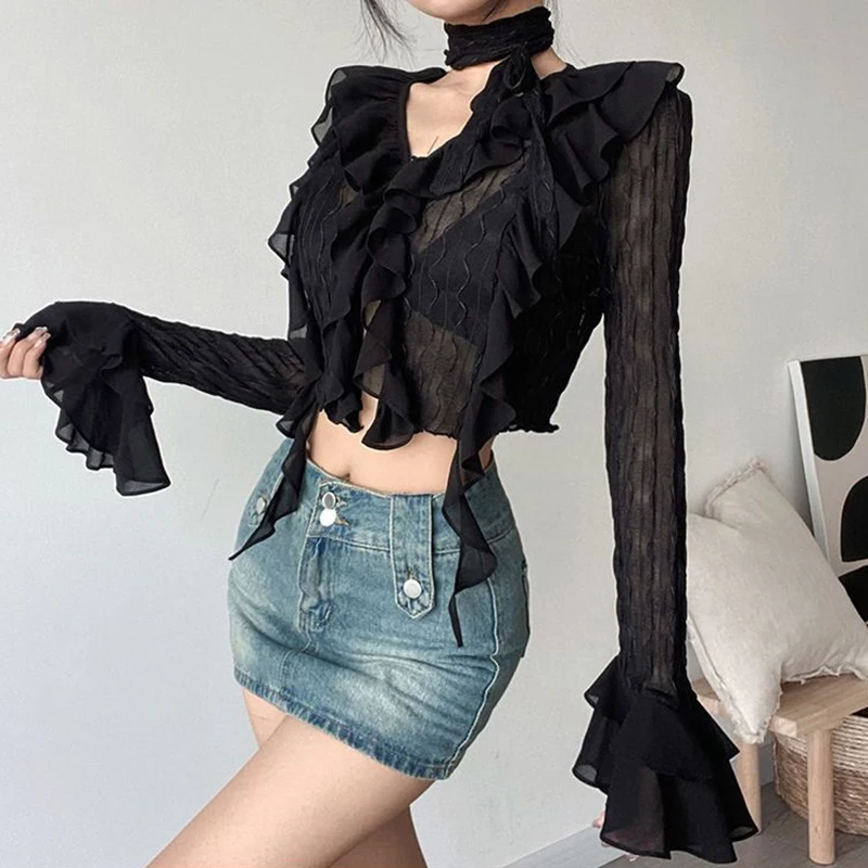 Zoki Dark Academic Mesh Y2k Blouse Women Sexy Cropped V Neck Ruffles Shirt Harajuku Vintage Long Sleeve Slim See Through Tops