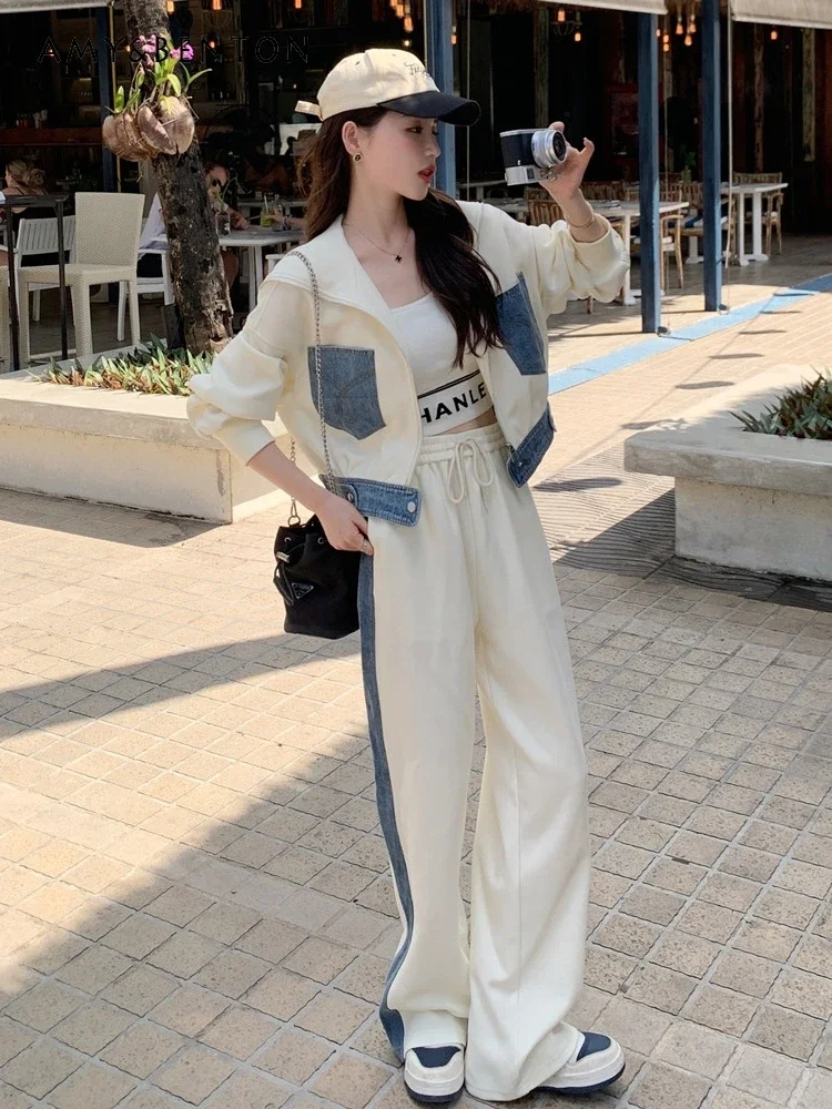 Spring Autumn Korean Fashion Denim Stitching Casual Outfits Preppy Style Sailor Collar Zipper Coat Wide Leg Pants Two-Piece Set