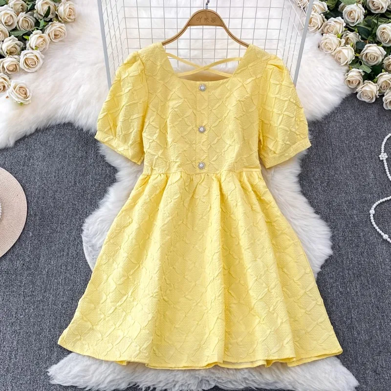 

Square Collar Puff Sleeve Gentle Robe Femme Chic Buttons Slim Design Sense Party Dresses Y2k Summer Vestidos De Mujer Elegant