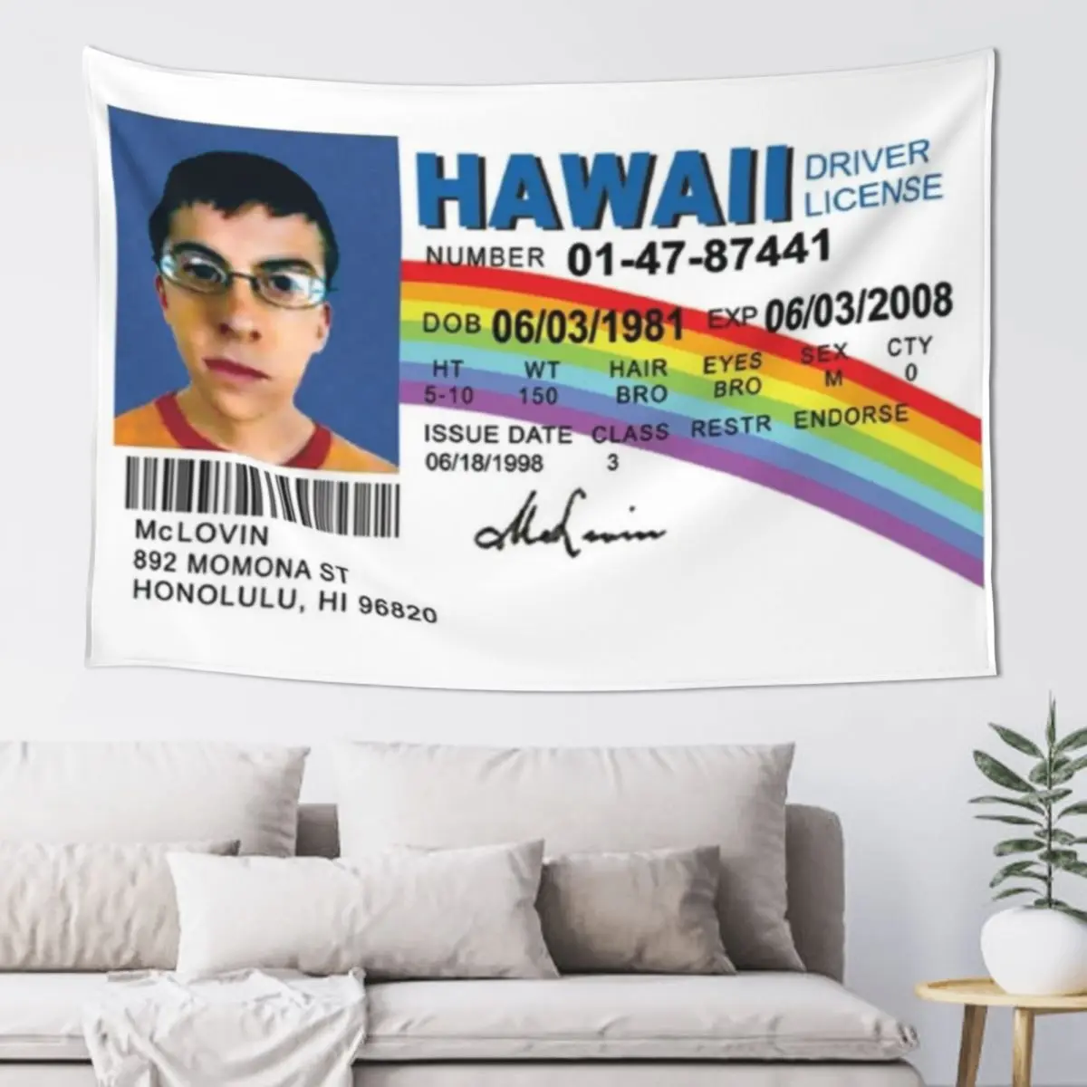 

McLovin Fake ID Design Tapestry Bed Room Decoration Room Decor Cute Wall Carpet Room Aesthetic Decor Tapestry