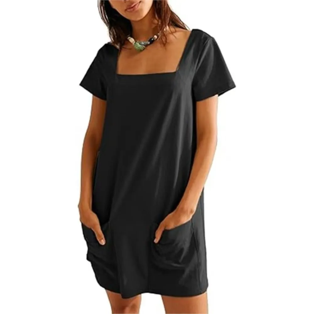 2026 Loose Women's Casual Dresses Short Sleeves Vestido Dresses For Ladies Solid Color Square Leader All-match Daily Home Clothe