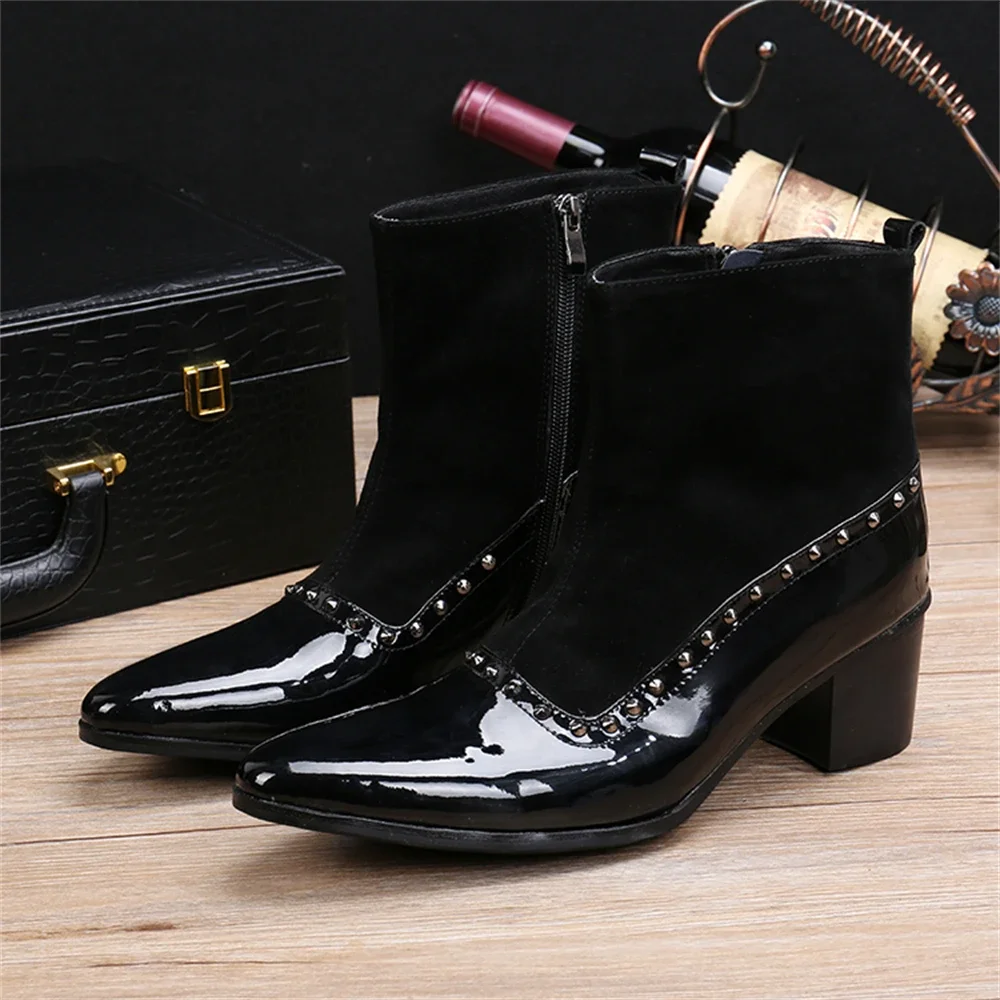 

Black Patchwork Nylon Patent Leather Rhinestone Thick High Heels Pointed Toe Boots Male Cowboy British Style Dress Shoes