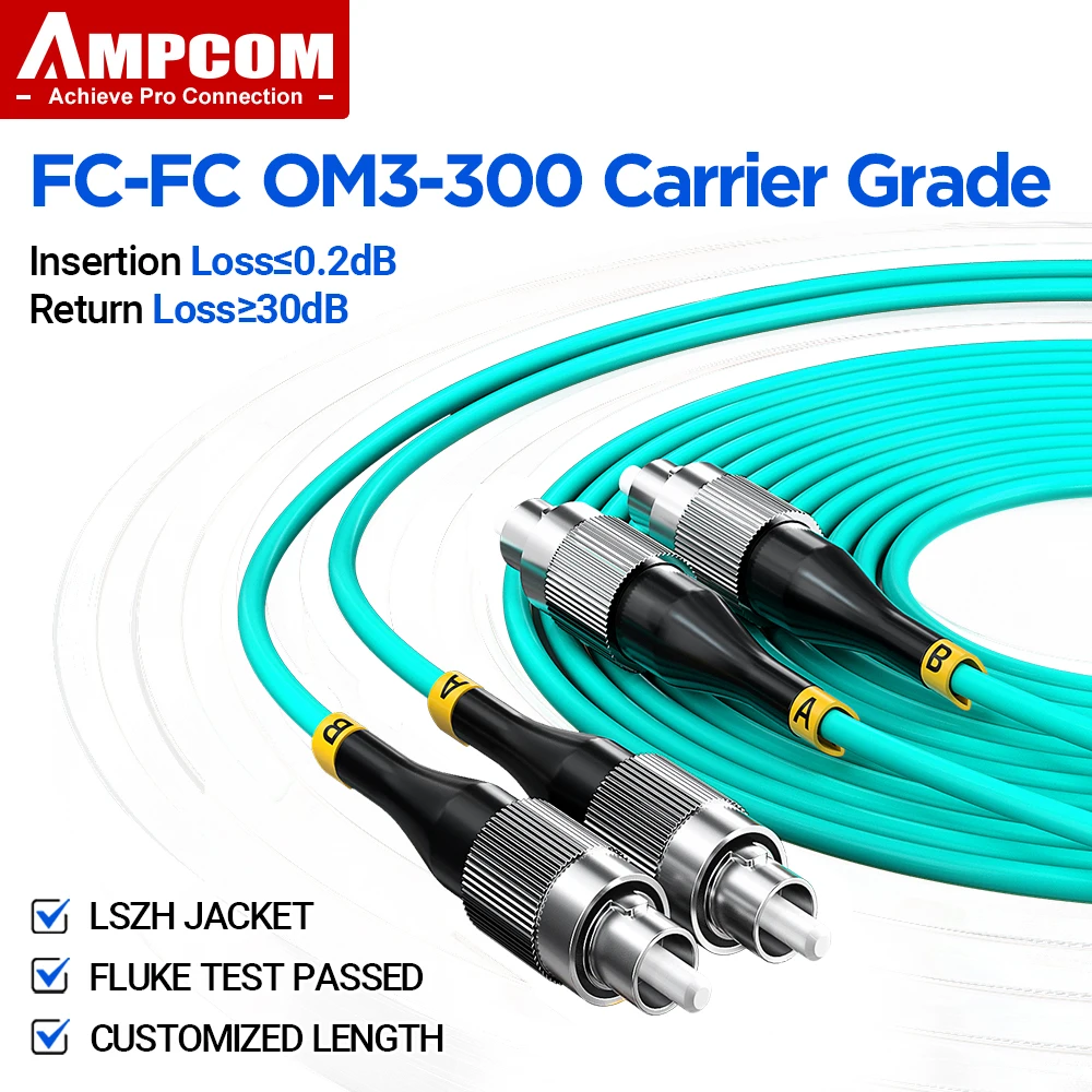 AMPCOM FC to FC UPC OM3 Fiber Optic Patch Cable Multi Mode Duplex, 50/125μm, OD 2.0mm, LSZH OFNR, 1-30 Meters